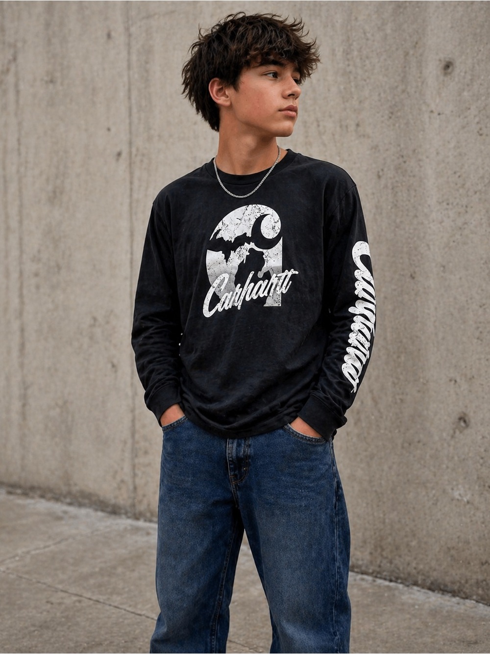 Carhartt Long Sleeve Graphic Logo Shirt Black Youth L (14-16)